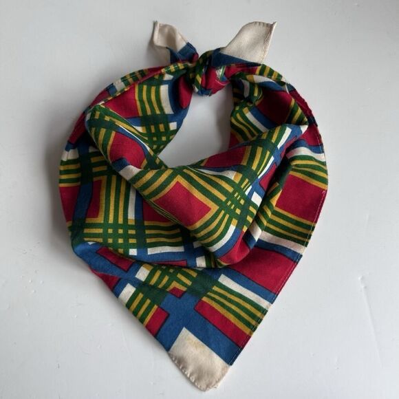 Vintage Morsly NY Scarf 100% Acetate Blue Red White Green Japan 26 x 26" Square - Picture 1 of 14